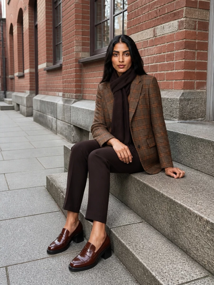 Max mara brown blazer trouser outfit loafers