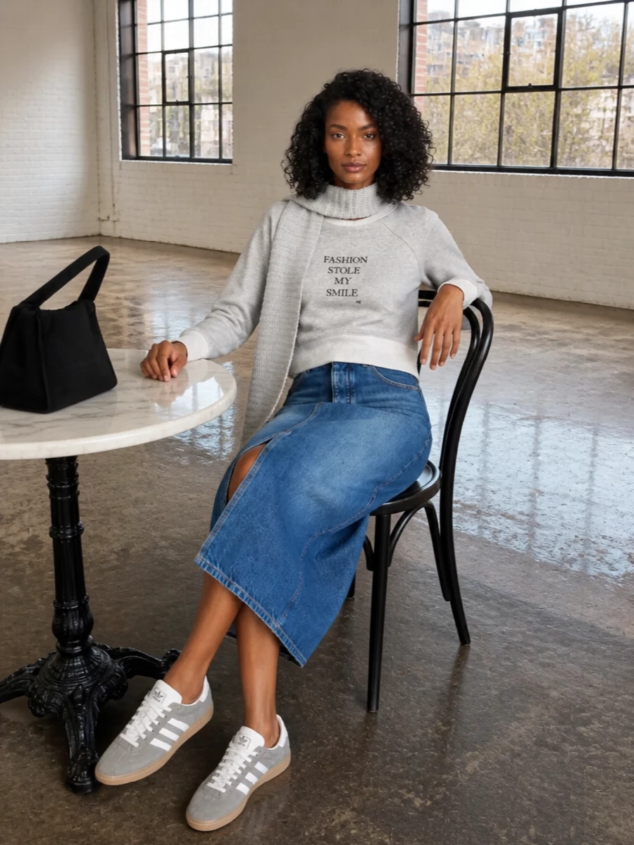 Victoria beckham sweatshirt denim midi skirt outfit