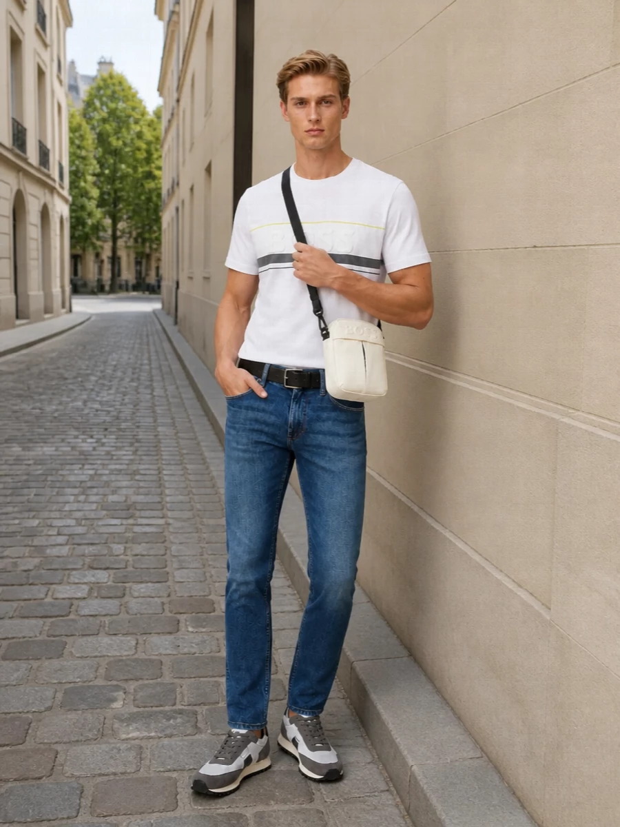 Boss mens white logo tee jeans runners outfit