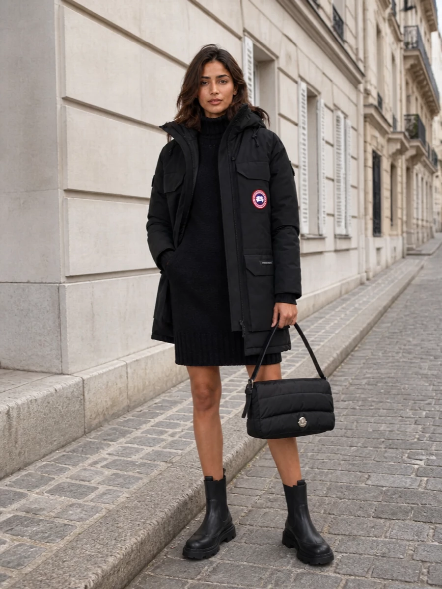 Canada goose parka moncler sweater dress outfit