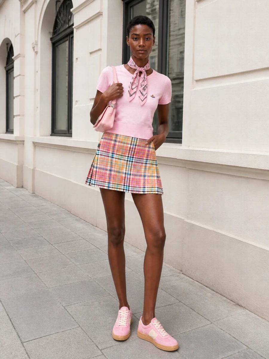 Soft pink Westwood knit meets punky pastel tartan for a city-ready mini-and-tee pairing that is sweet but never saccharine. Powdery pink Valentino sneakers keep it grounded and easy for daytime, while the structured pink baguette and Prada scarf bring a neat, slightly nostalgic finish. It is a cheerful, modern preppy ensemble built for warm days spent moving between galleries, cafes and late afternoons in the park.
