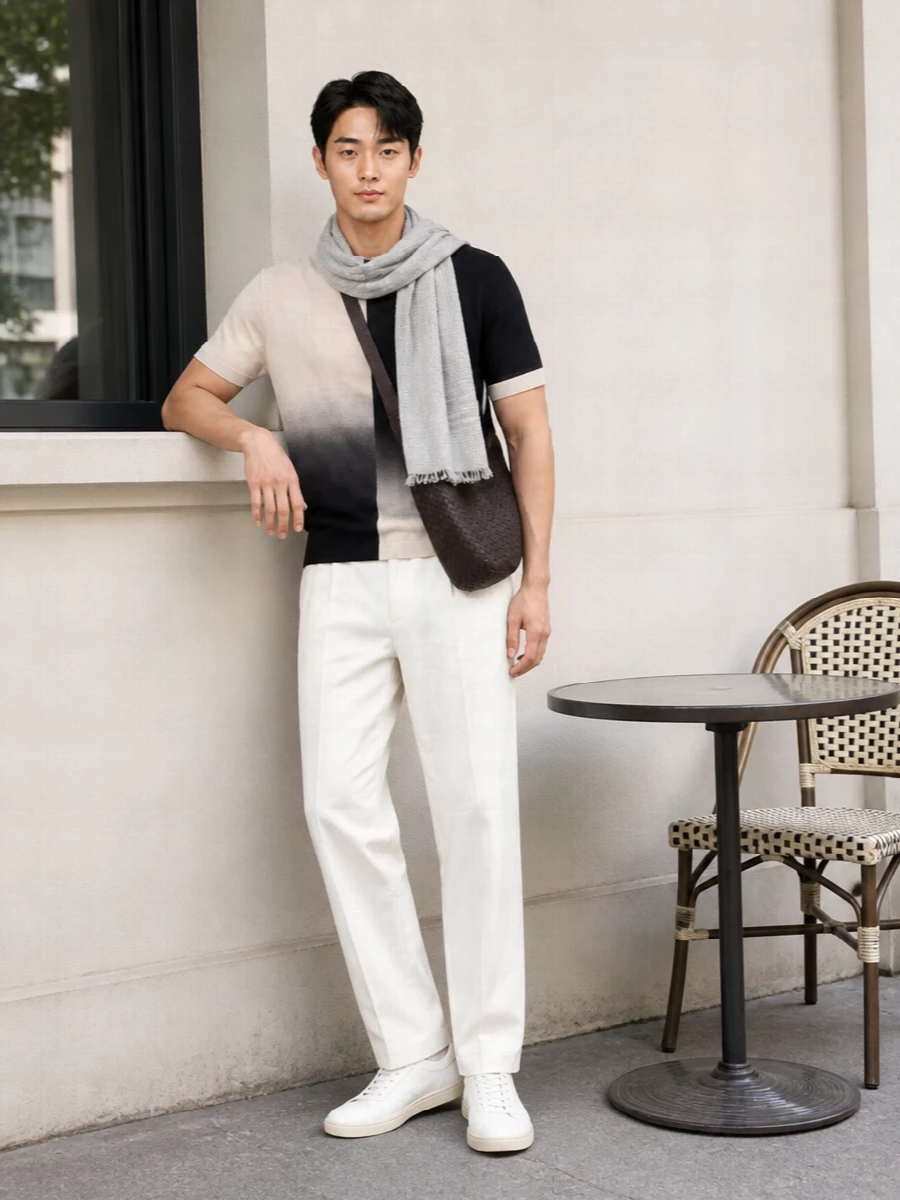 Light off-white tailoring underlines the tee’s graphic fade, creating a calm column of color that feels relaxed yet precise. Off-white sneakers keep the eye moving cleanly from knit to hem, while the deep espresso crossbody quietly grounds the palette. A soft stone-grey scarf adds just enough texture to make the whole ensemble feel considered without ever reading busy.
