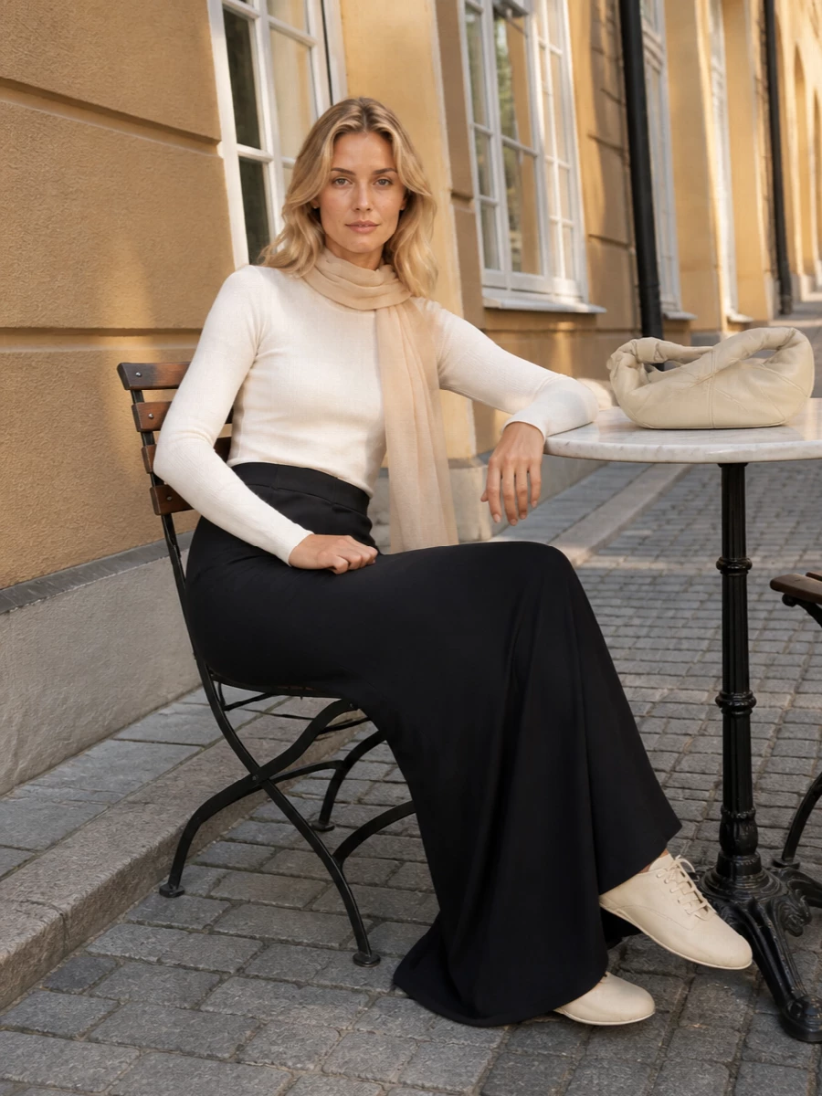 Rick owens ivory top black maxi skirt outfit