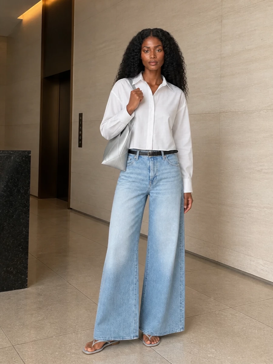 High-rise, sweeping denim grounds the outfit, while the cropped white shirt and slim belt keep the waist clean and defined. Soft blue leather sandals and a sculptural silver hobo keep the palette cool and pared back, adding just enough polish for city days or low-key evenings. The result is a modern, easy take on wide-leg denim that feels relaxed but very considered.