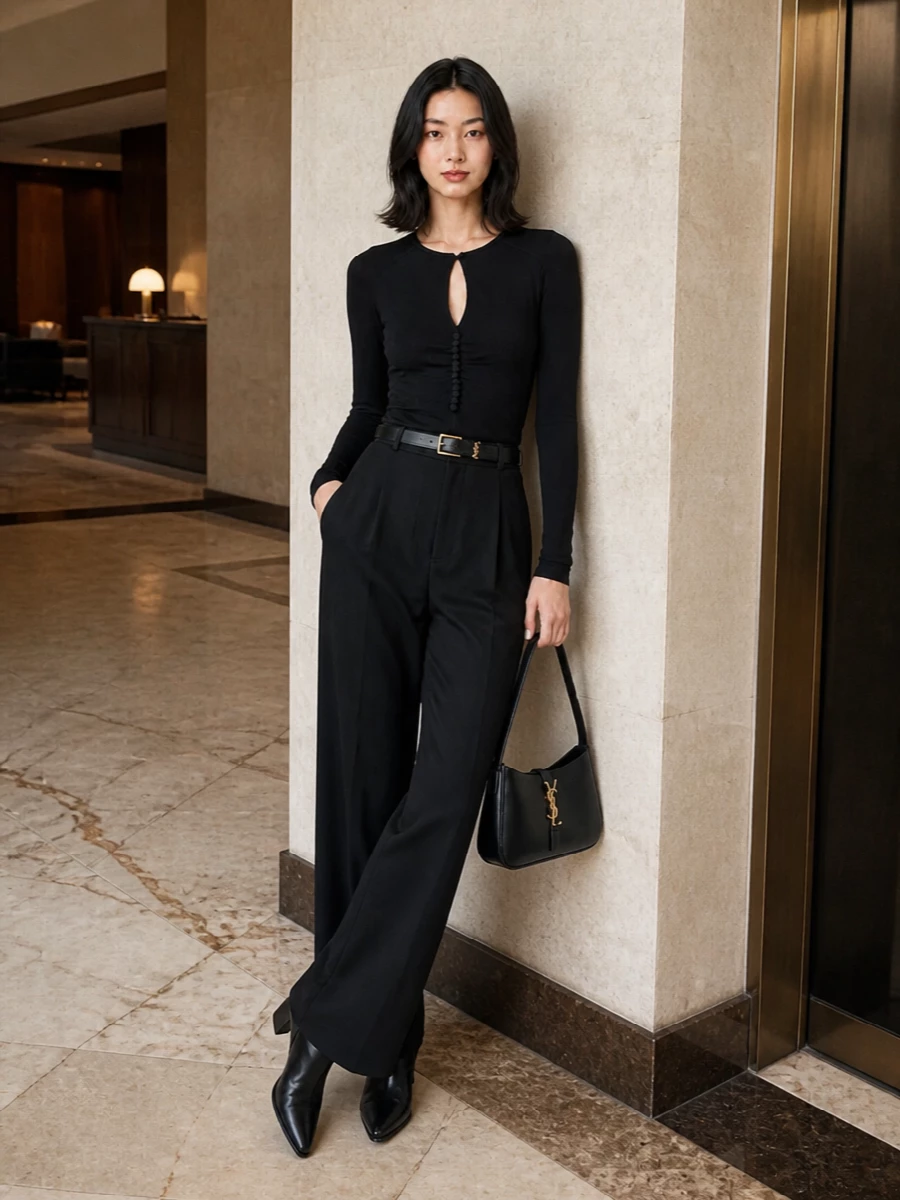 Isabel marant black blouse wide leg trousers outfit