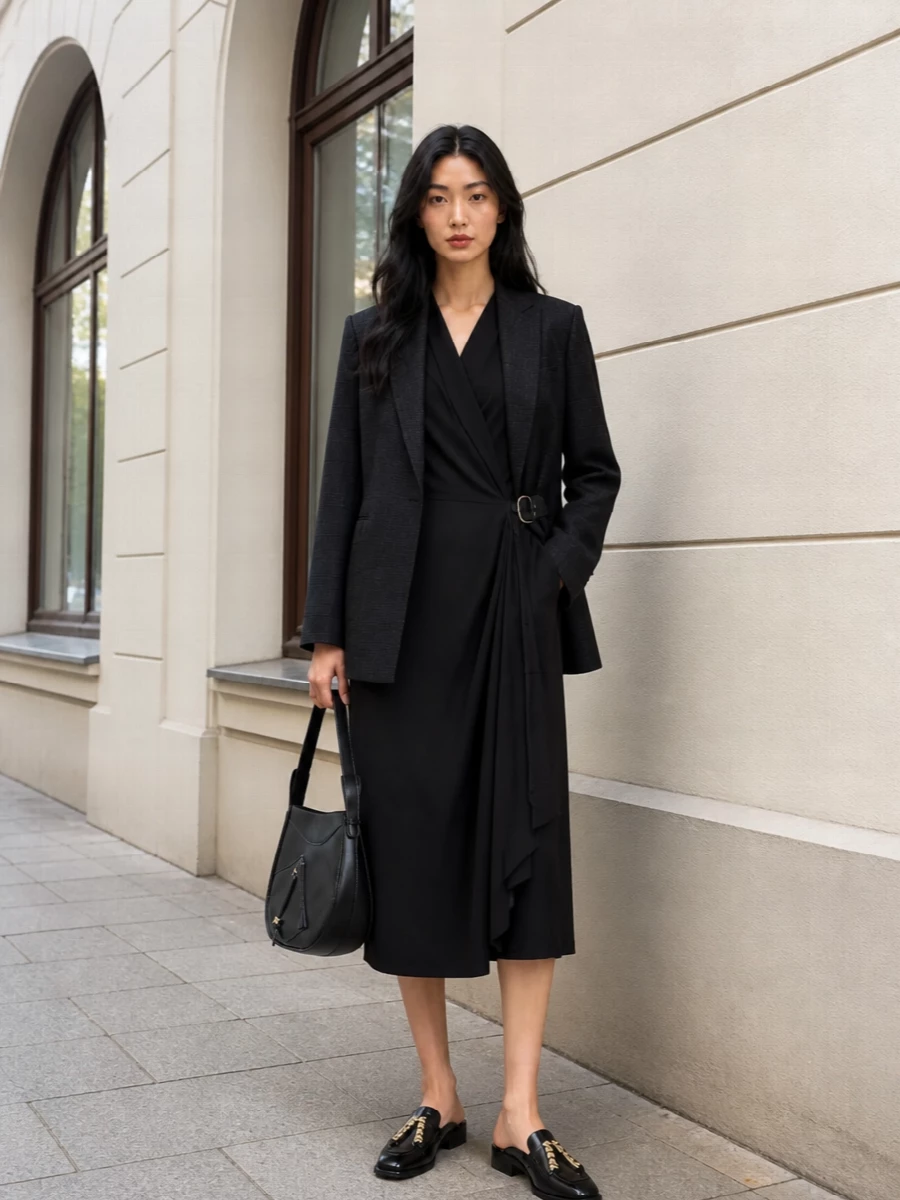 Loewe belted blazer black wrap dress outfit