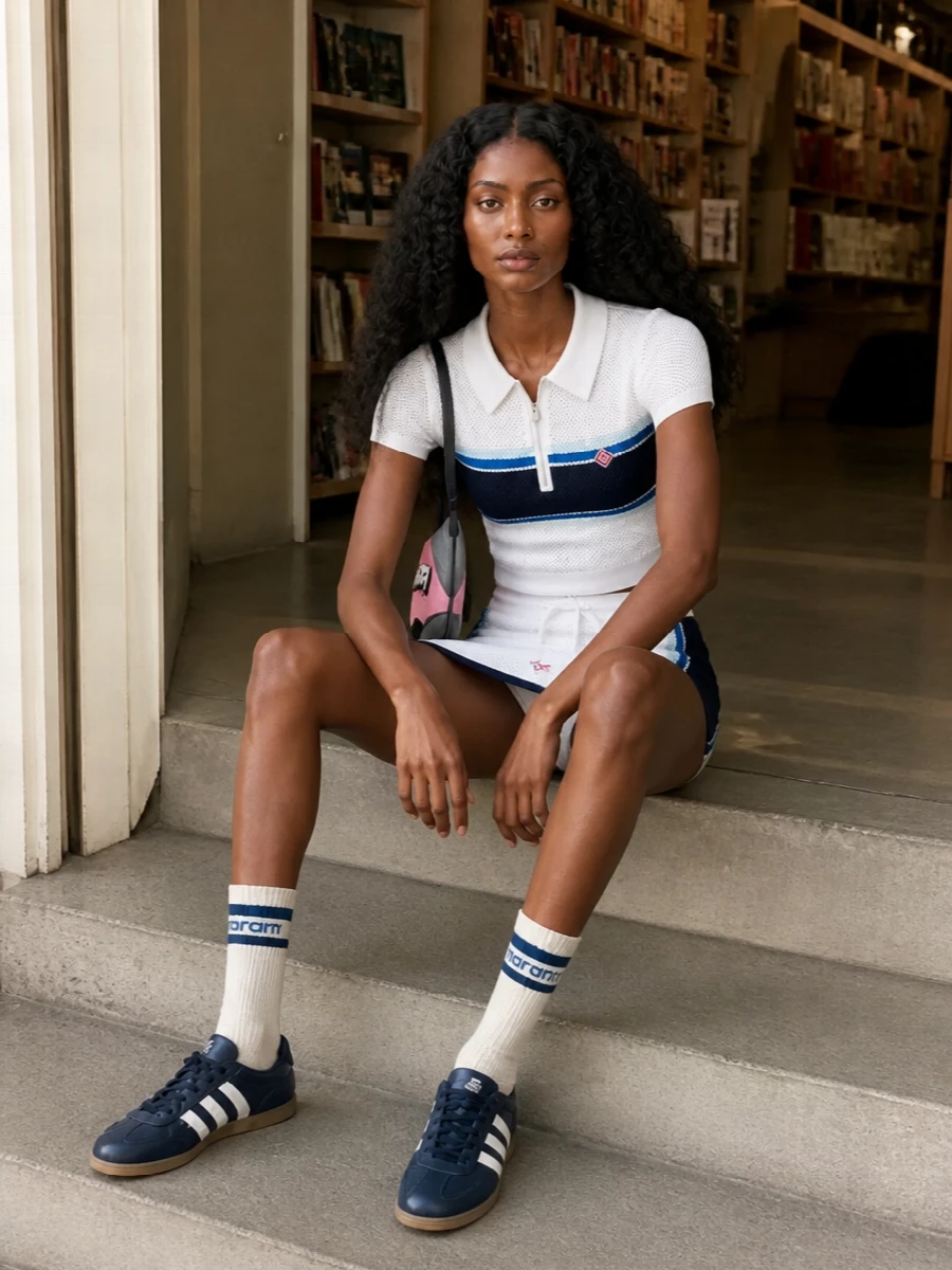 Casablanca tennis mini skirt navy sneaker outfit