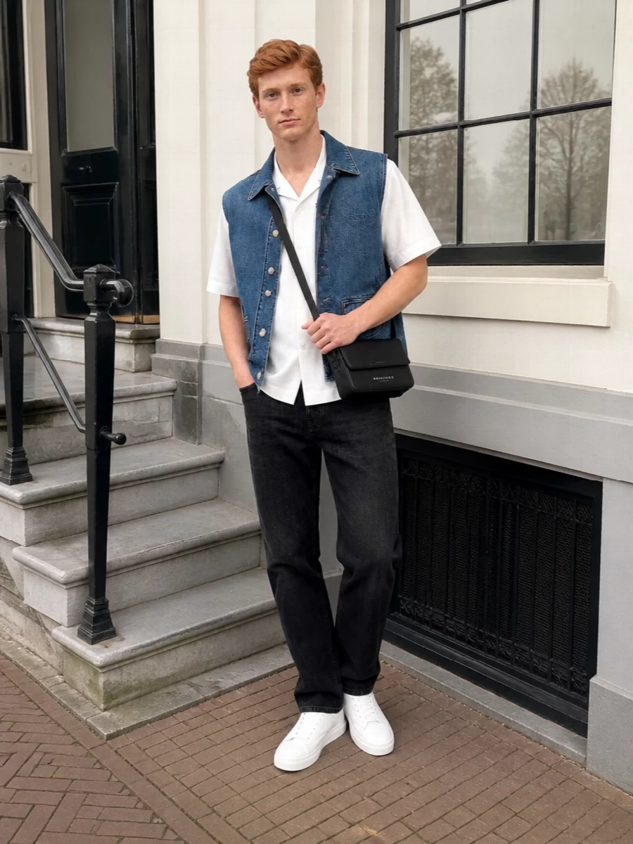 Givenchy denim vest black jeans white sneakers