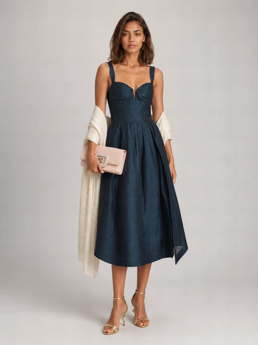 Zimmermann Silk Linen Draped Sweetheart Neckline Midi Dress