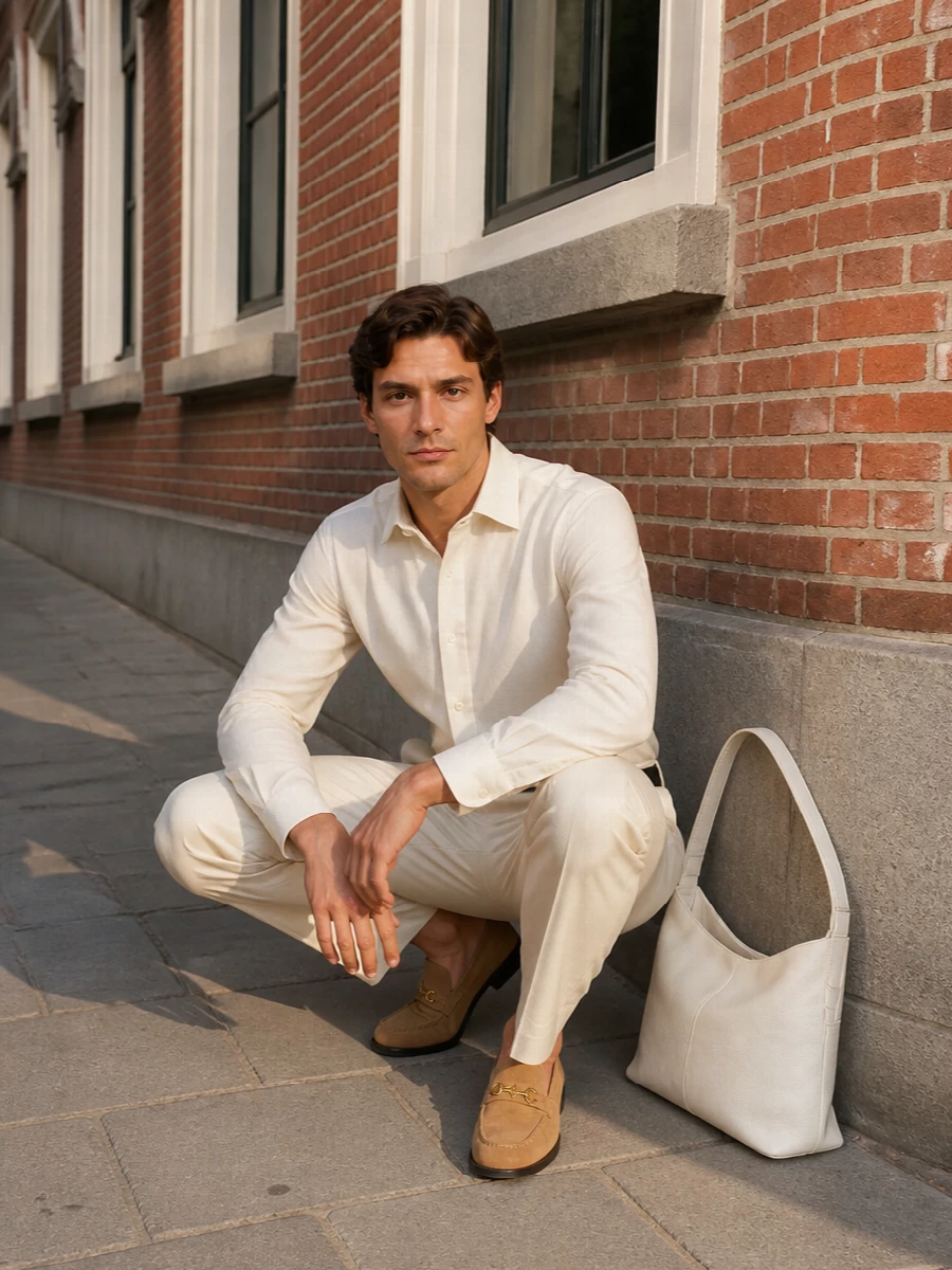 Versace cream trousers ivory shirt suede loafers