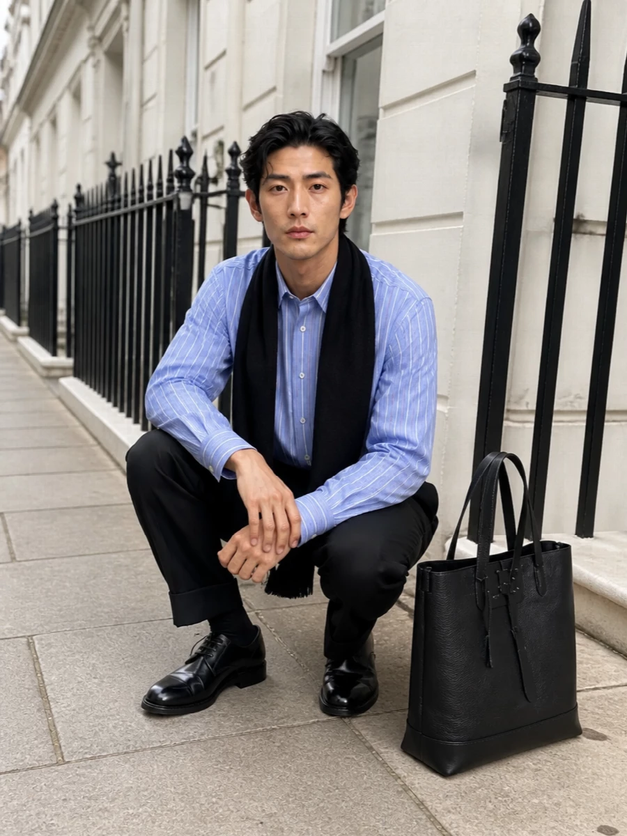 A cornflower-striped Margiela shirt meets sharp black tailoring for a boardroom-ready take on quiet luxury. The clean trouser line and polished derbies keep the silhouette disciplined, while the structured tote underlines a calm, considered workday uniform.