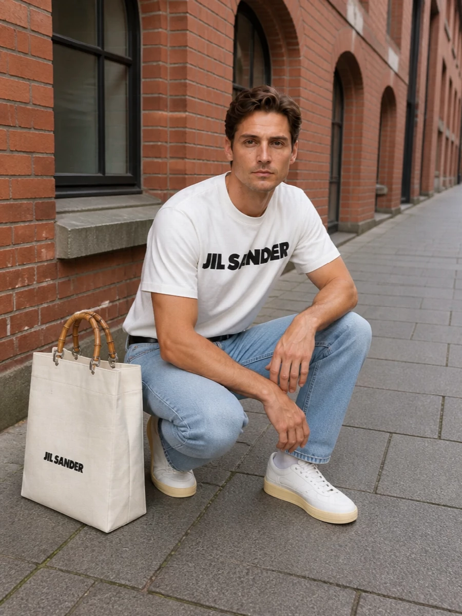 A crisp white logo tee sits over light-wash straight denim for a clean, relaxed take on modern city dressing. White low-top sneakers keep the line sharp but easy, while the canvas tote and black belt introduce subtle structure and echo the tee’s graphic logo. The result is a quietly confident uniform that feels polished enough for galleries, coffee runs or casual dinners without losing its laid-back ease.