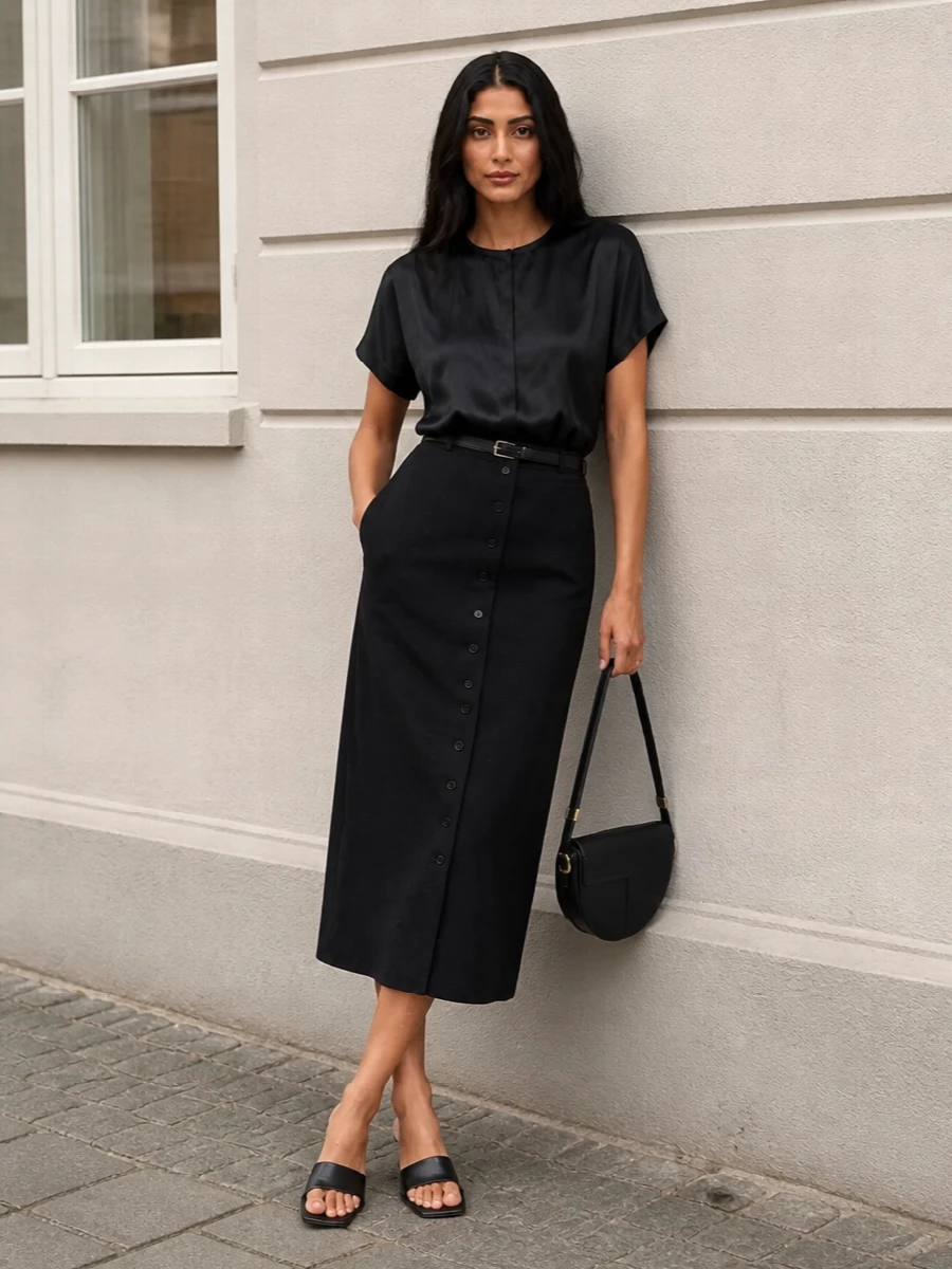 A pure black column in satin and tailoring sets a calm, precise mood, the drape of the top playing against the straight midi skirt. A slim belt and sculptural kitten‑heel mules keep everything sharp yet understated, while the curved shoulder bag adds just enough structure and gleam for late dinners or gallery evenings.