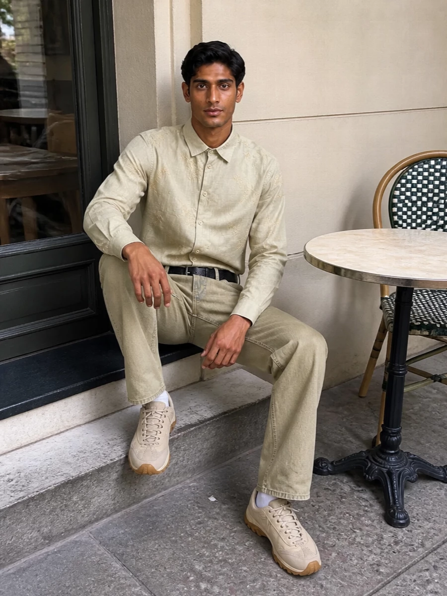 Our legacy sand jeans khaki shirt beige sneakers