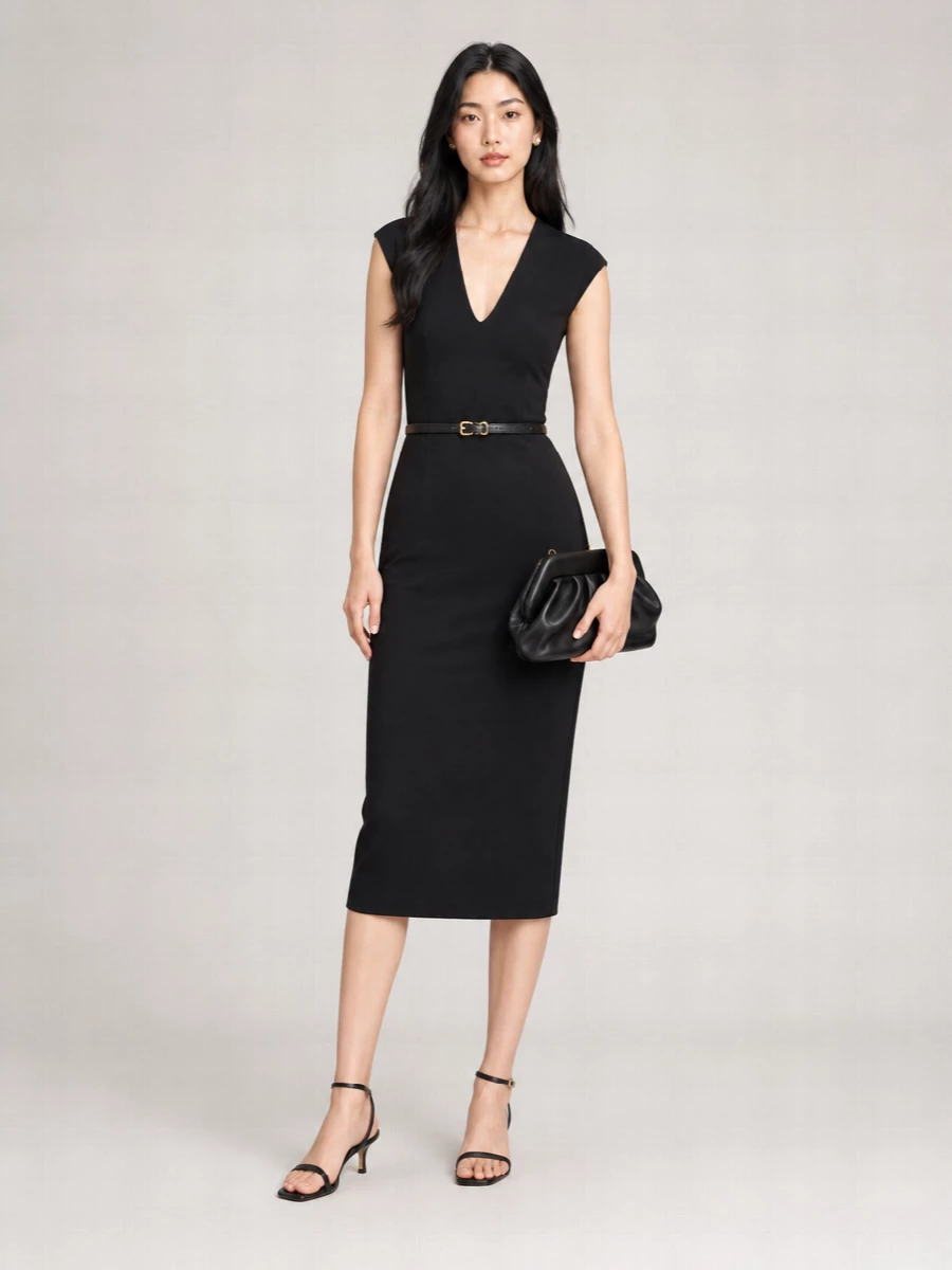Lardini Polyester V-Neck Long-Sleeve Midi Dress
