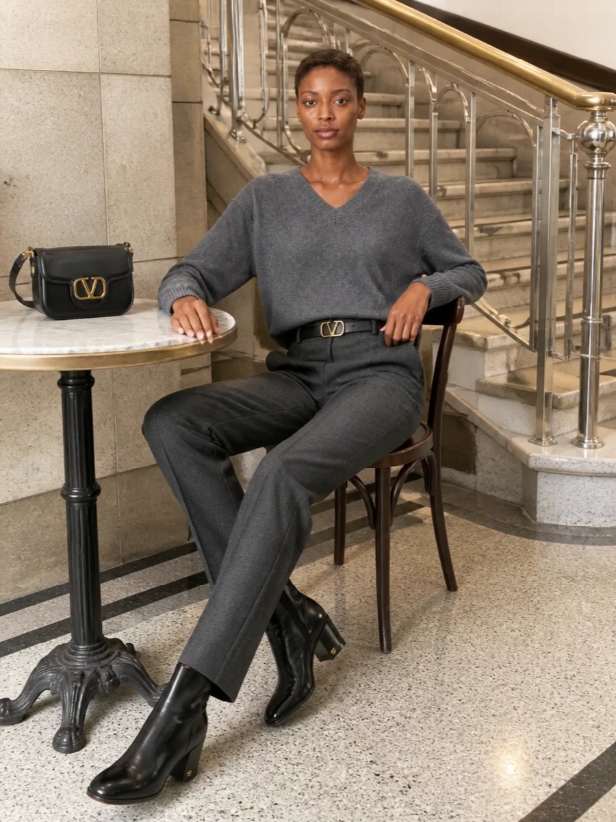 Slate grey on charcoal builds a tonal column that feels quietly precise rather than severe. The straight-leg tailoring and mid-heel boot keep the proportions long and calm, while the small black shoulder bag and slim belt add just a hint of structured shine. It is an understated city uniform that moves easily from working lunches to low-key dinners.