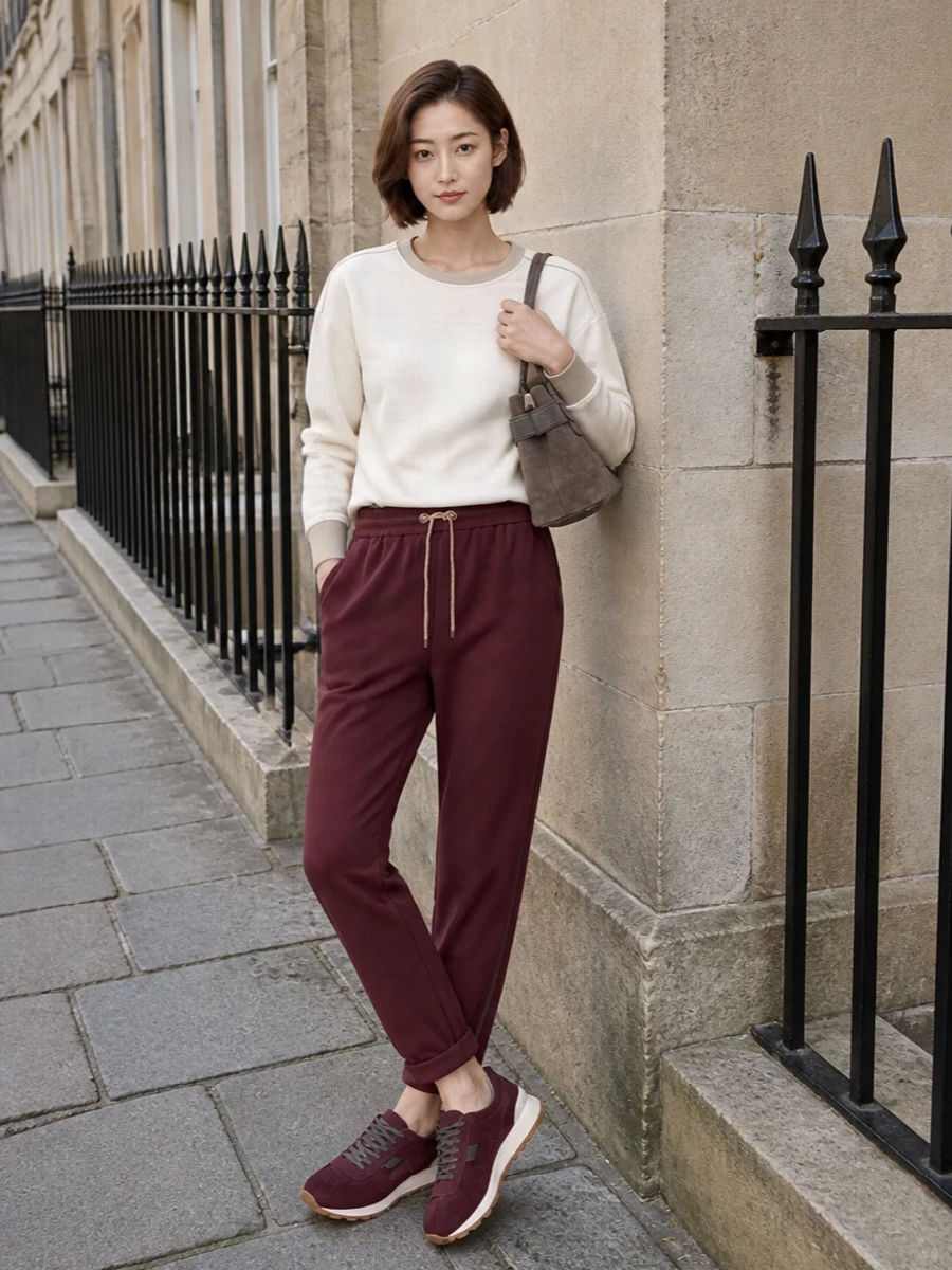Brunello cucinelli burgundy joggers sneakers outfit