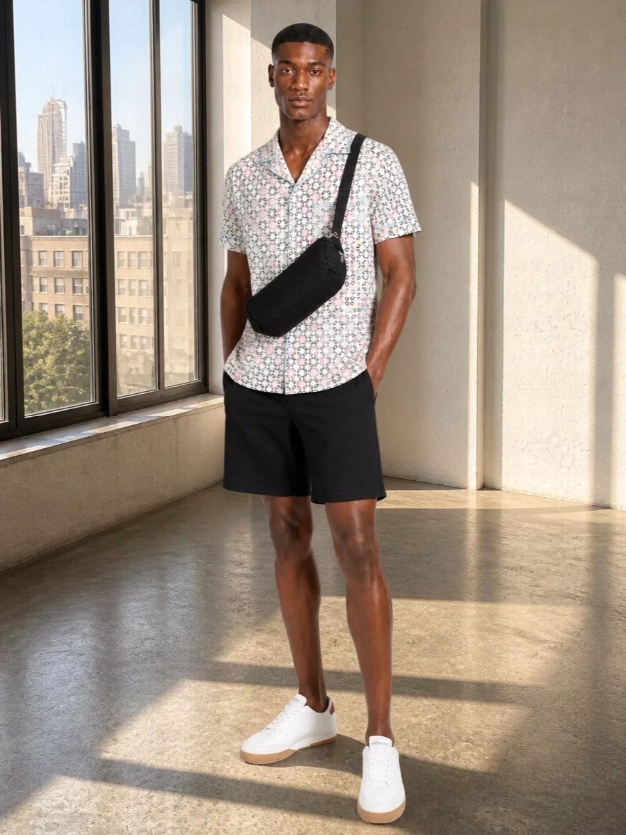 Givenchy camp shirt black shorts white sneakers