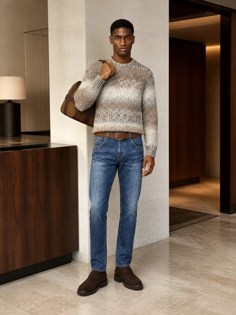 Dondup jeans taupe knit suede boots outfit