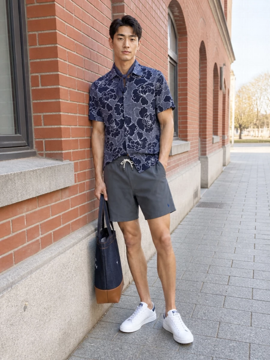 Les deux floral shirt grey shorts adidas sneakers