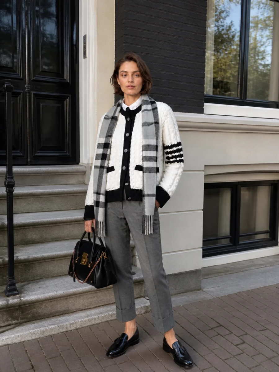Tailored and collegiate in the most grown-up way, this pairing leans into Thom Browne’s uniform codes with a graphic cardigan grounded by disciplined grey wool tailoring. Glossy black loafers and a structured top-handle keep the mood boardroom-ready, while the soft grey check scarf adds just enough winter texture to stay polished and intentional. It is a quietly assertive preppy ensemble that reads considered from morning meetings through evening reservations.