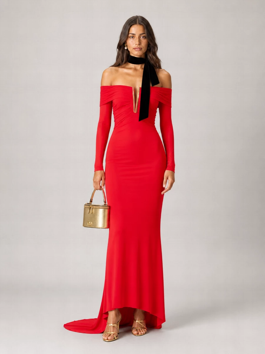 Elisabetta Franchi draped off-the-shoulder maxi dress