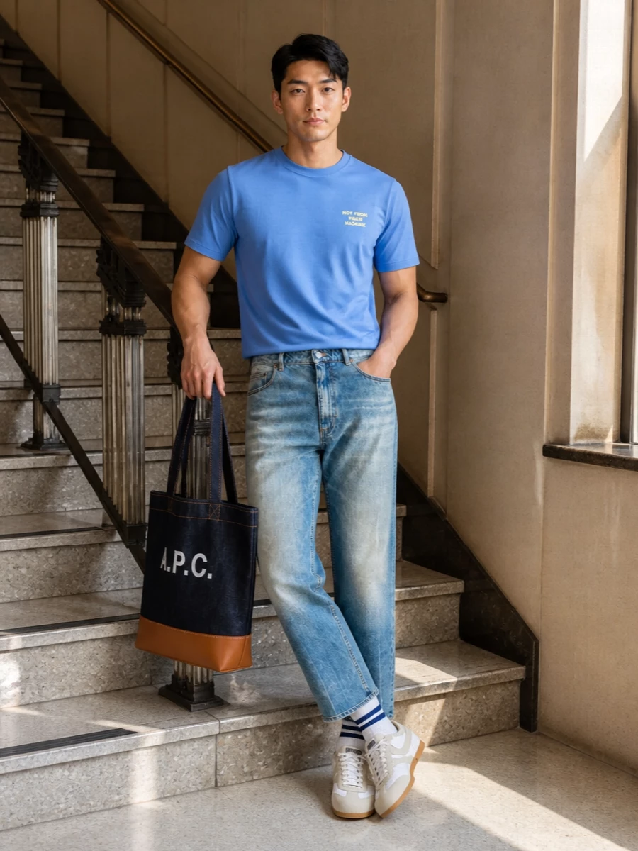 Cornflower blue and sun-faded denim keep the outfit relaxed and sharp, sitting cleanly on a straight leg that feels neither skinny nor oversized. Soft beige retro sneakers and striped sport socks echo the tee’s tones while adding a low-key vintage accent. The structured indigo tote finishes it all with an easy, city-ready practicality that still feels considered.