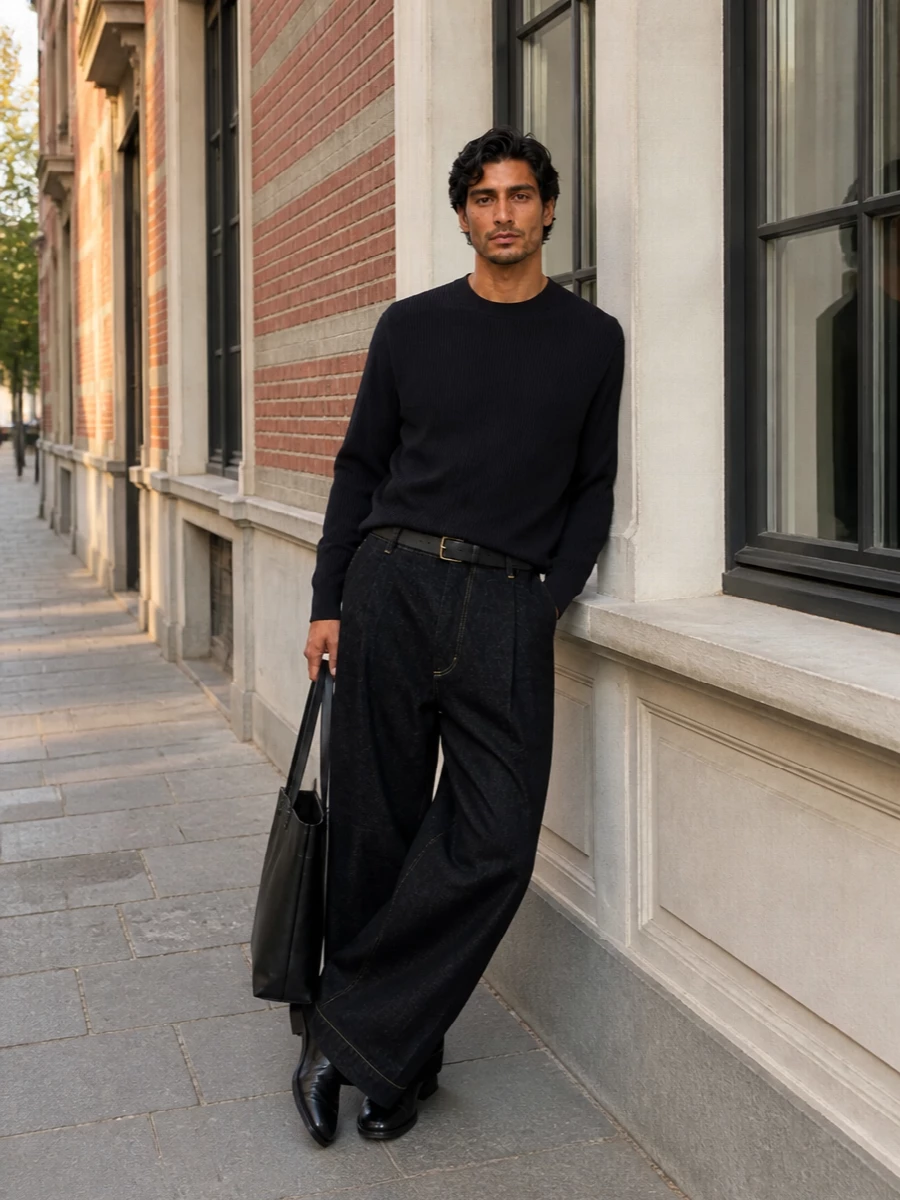 Studio nicholson wide leg jeans black knit boots