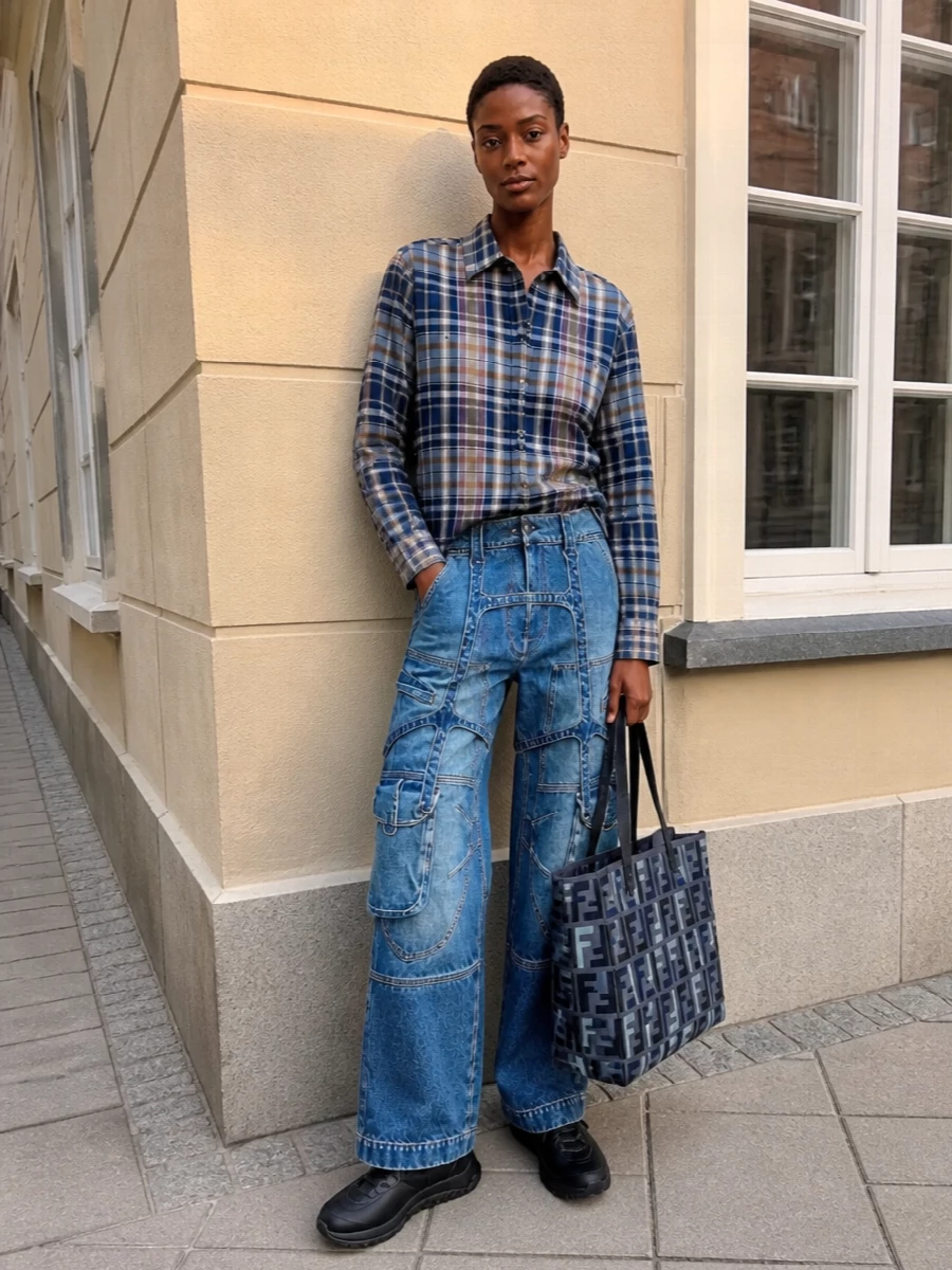 Cool-toned blues and charcoals tie the Fendi tote to a vintage-feeling plaid shirt and sculptural cargo denim, giving a relaxed but thoughtfully put-together city uniform. The wide leg and structured tote play off each other, so the low-profile leather sneakers stay clean and streamlined, keeping the focus on proportion and texture. Opt for a half-tuck on the shirt to sharpen the waistline without losing that easy, off-duty attitude.
