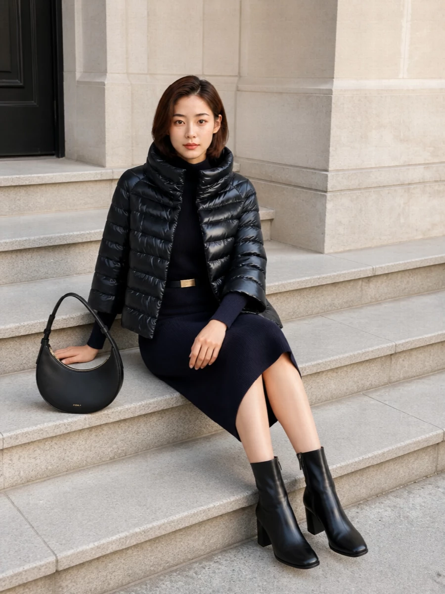 I’ve built this around the dress path, using the ribbed Elisabetta Franchi midi as a streamlined column under Herno’s cropped puffer so the jacket’s sculpted volume feels intentional, not bulky. The sleek Hogan ankle boots and curved Furla hobo stay in a restrained black and navy story, giving a minimalist, city-ready winter outfit that reads quietly expensive without any shouty details.