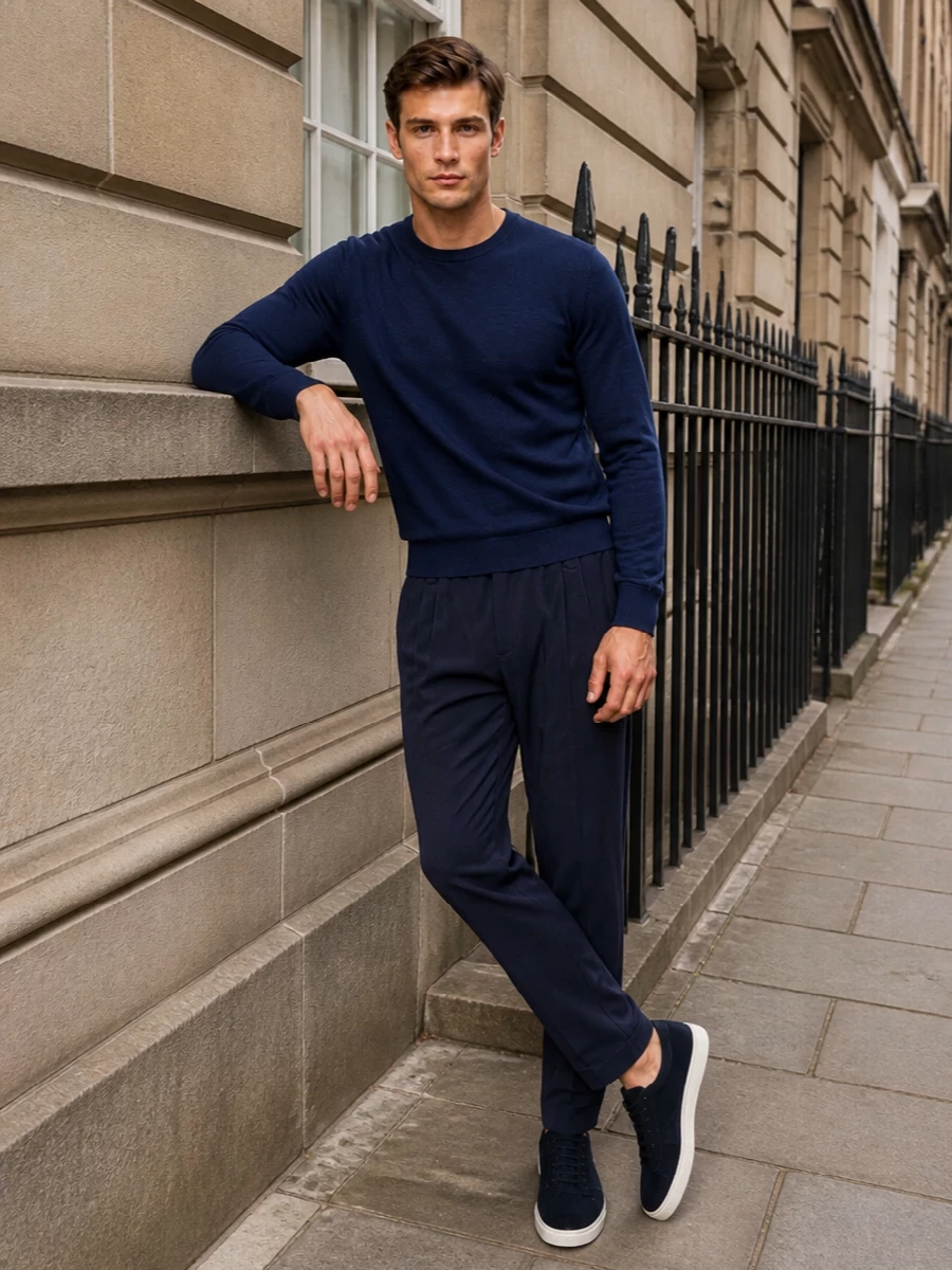 Ink and deep navy play off each other in a quietly structured way, with the fine-knit crew sitting neatly over relaxed pleated trousers. Tonal suede sneakers keep the line clean but informal, while the small woven crossbody introduces subtle texture without breaking the minimal rhythm. It is a soft, modern uniform for days that blur from meeting to dinner.