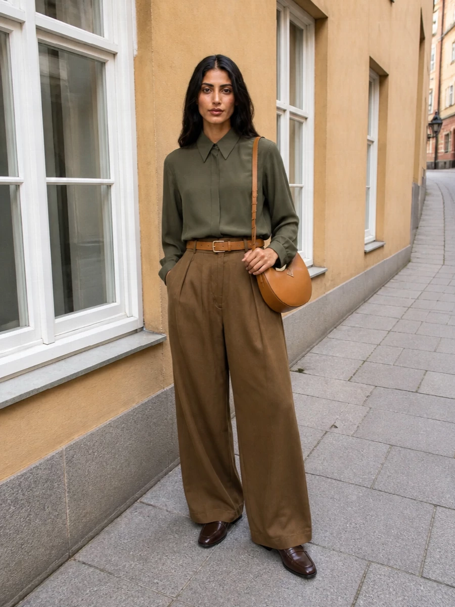 Dries van noten camel wide leg trousers outfit