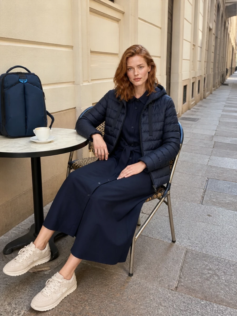 Woolrich navy puffer shirt dress sneakers