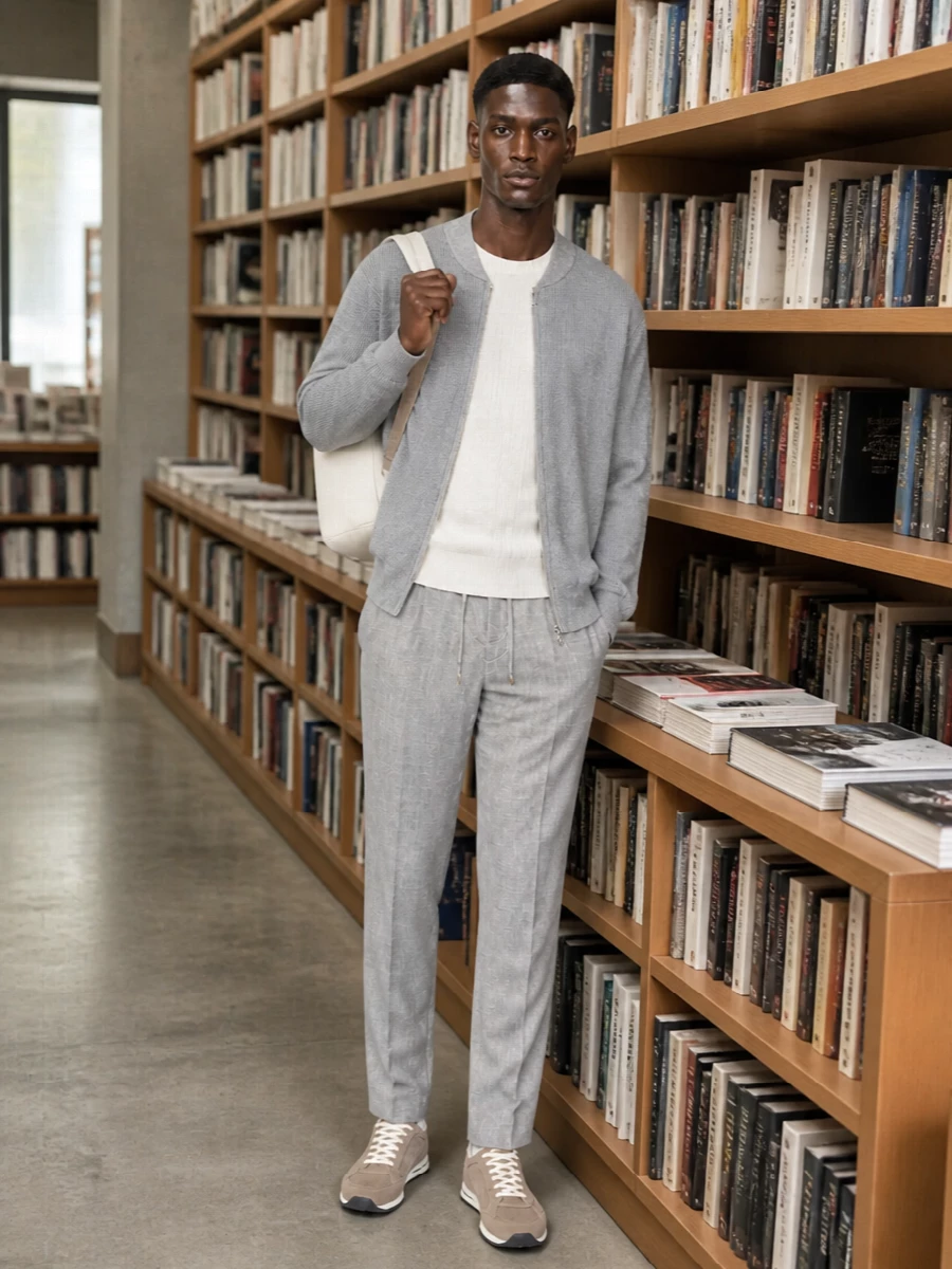 Brunello cucinelli grey bomber outfit sneakers