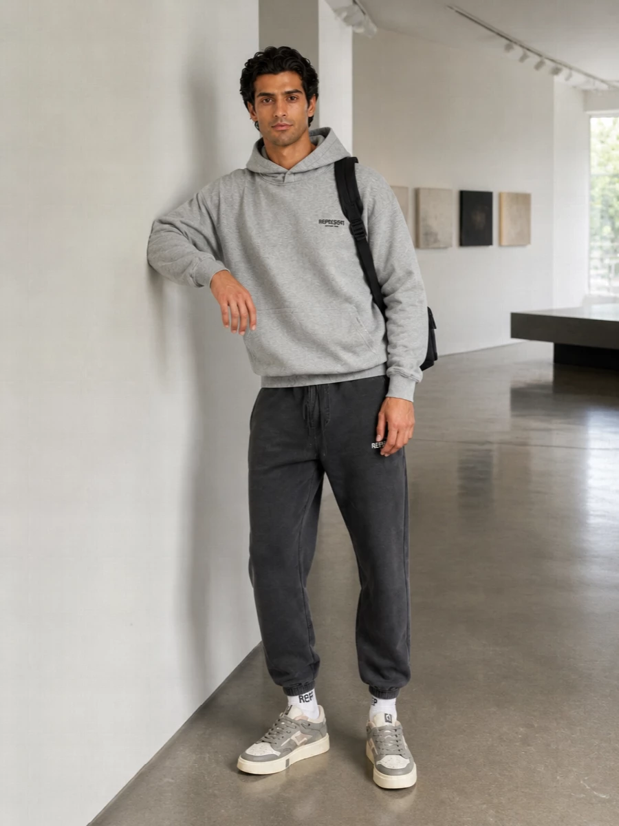 Represent grey hoodie charcoal jogger outfit