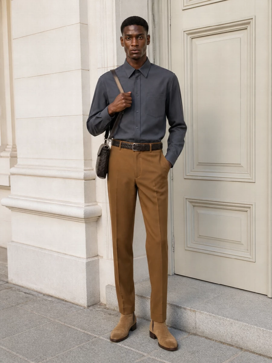 Marni camel trousers slate shirt suede boots