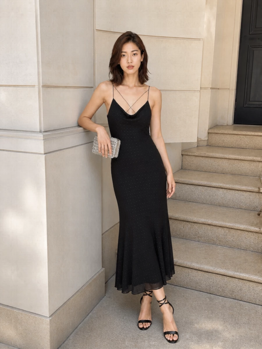 This outfit centers on the embellished Pinko slip dress rather than separates, which keeps the line long and fluid against the spiralling Paris Texas stilettos. Black and silver details talk to each other throughout, from the micro-sparkle of the dress to the crystal clutch and patent shine of the sandals. The result is a romantic, high-gloss evening ensemble that feels sultry, modern and made for warm nights out.