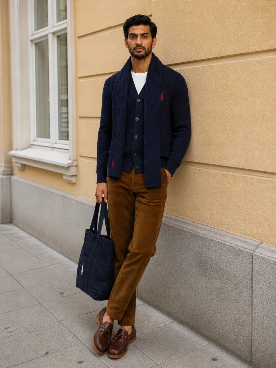 Polo ralph lauren cardigan corduroy trousers outfit