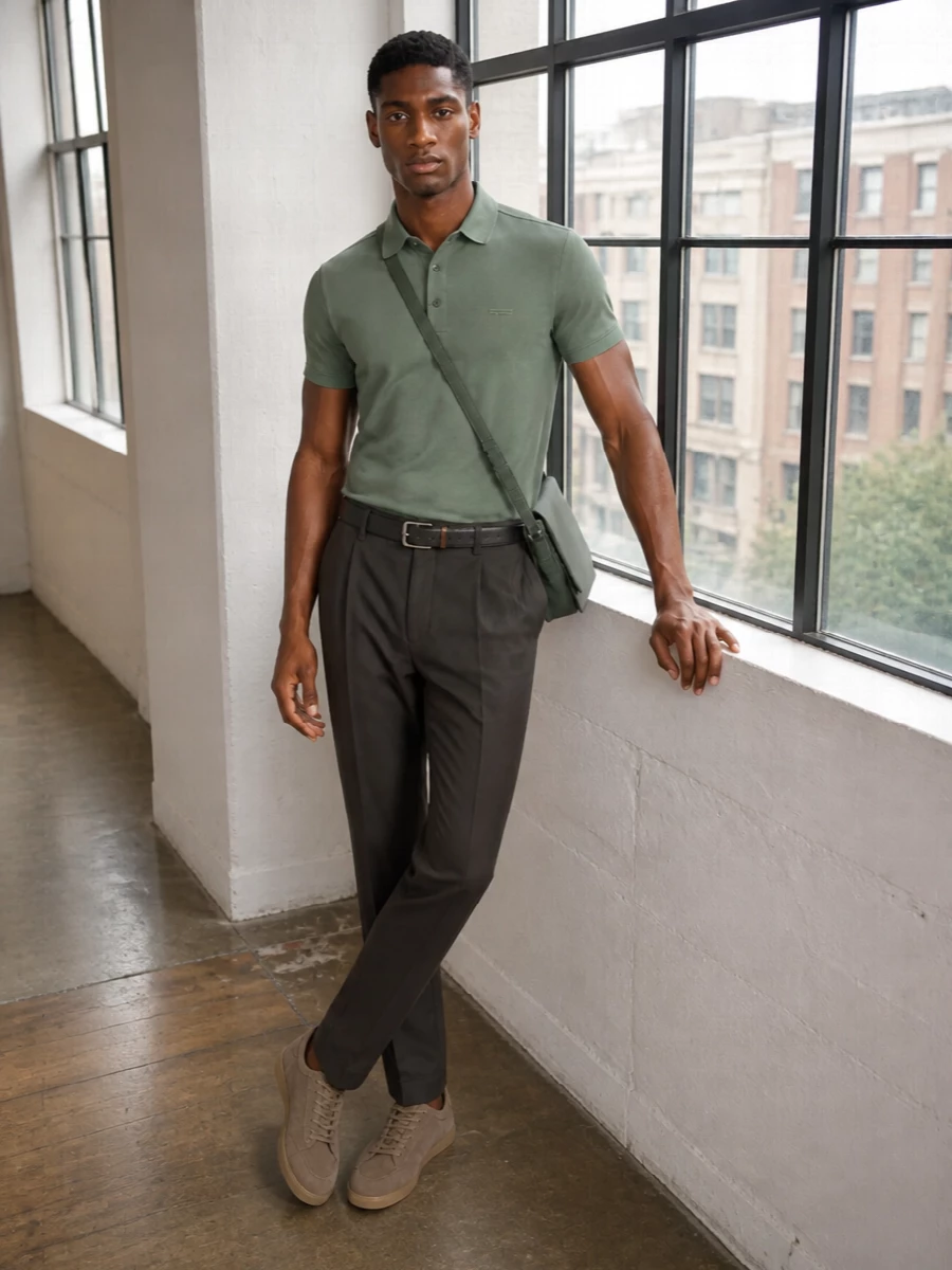 Zegna sage polo charcoal trousers suede sneakers