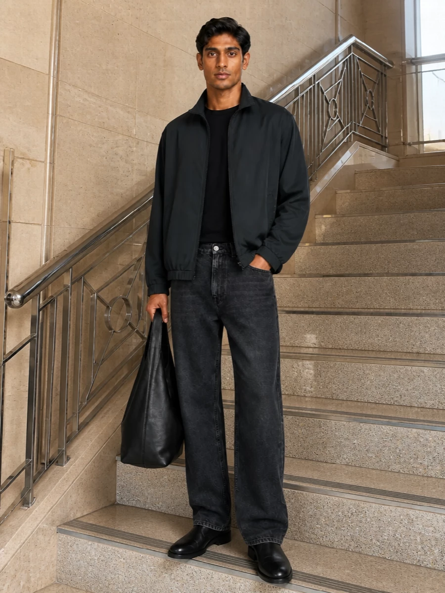 A monochrome Our Legacy uniform built around a charcoal blouson, this pairing leans into quiet streetwear with a clean, elongated line. Washed black denim and sleek boots keep it sharp, while the slouchy hobo softens the edge for everyday city wear. The result feels intentional yet low-key, ideal for long days that move between work, studio and late dinners.