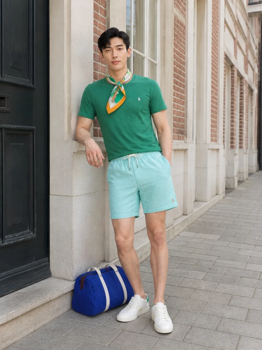 An easy, color-savvy summer combo that plays emerald against mint pinstripe for a fresh, collegiate feel. Clean off-white leather sneakers keep it polished and athletic, while the royal blue duffle and striped scarf add just enough playful prep for pool days that roll into relaxed city afternoons.