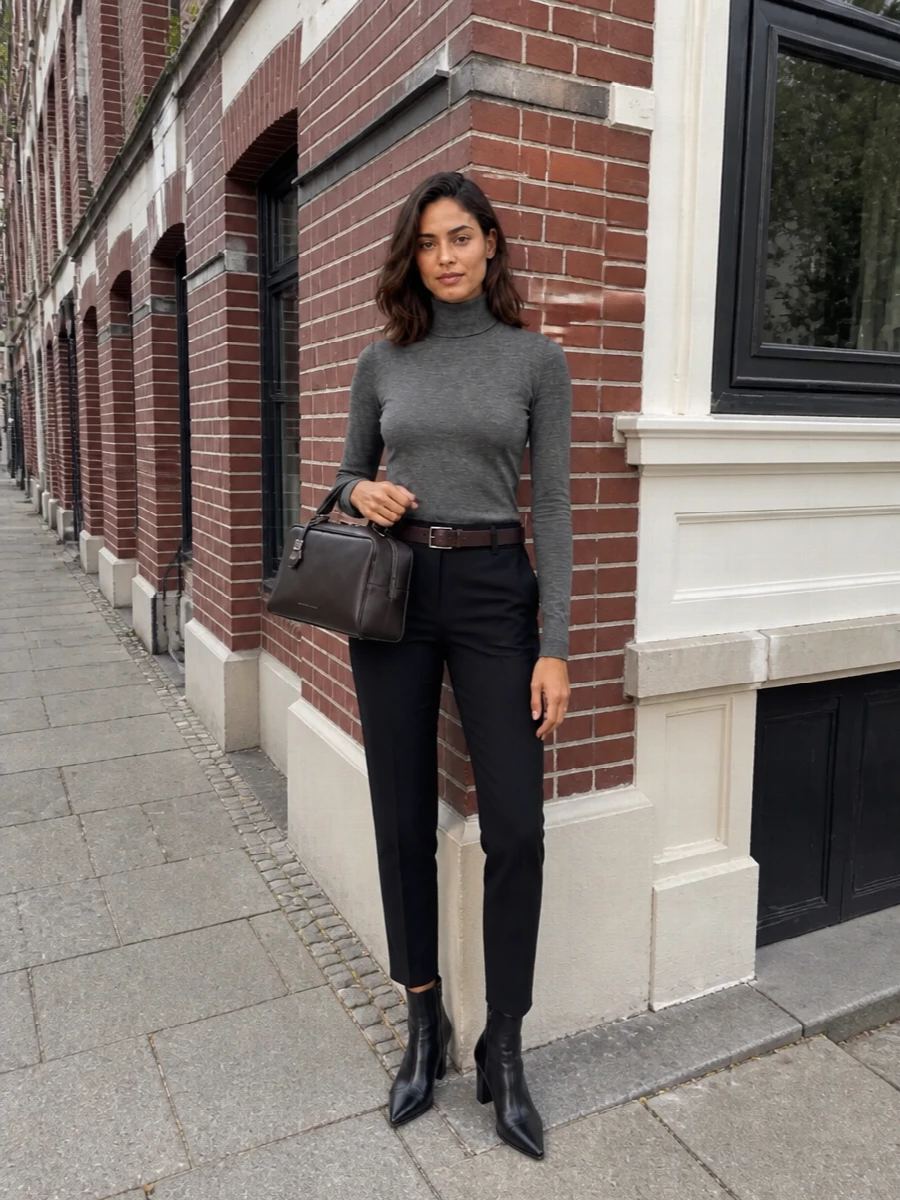 Charcoal tailoring stays intentionally monochrome, with a second-skin turtleneck echoing the trouser’s precision for a long, uninterrupted line. A pointed black ankle boot and structured espresso top-handle add just enough contrast in texture and tone. The slim chocolate belt finishes everything with a quiet, decisive waist detail that still feels relaxed enough for a full day in the city.