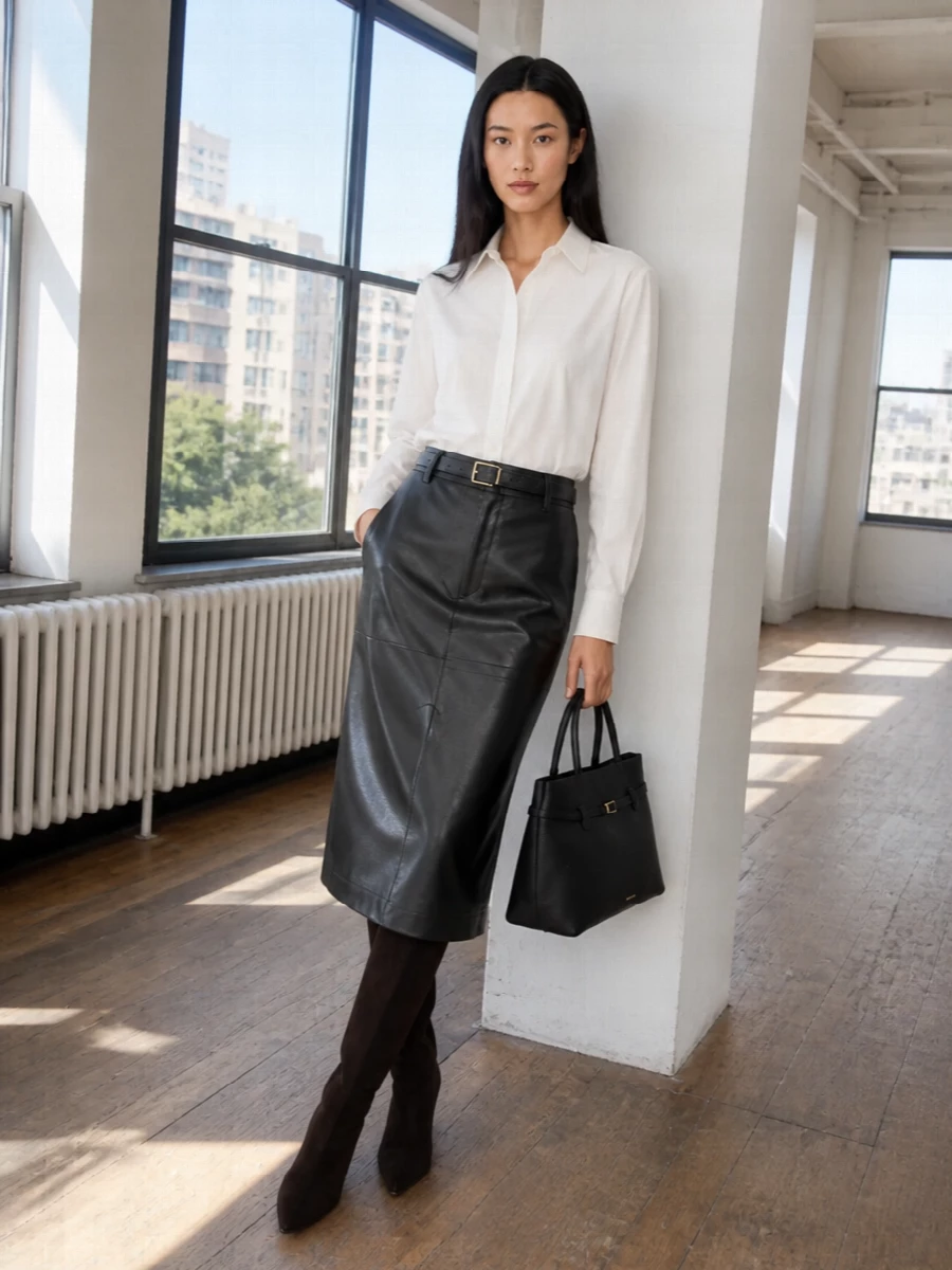 Parosh leather pencil skirt boots white shirt