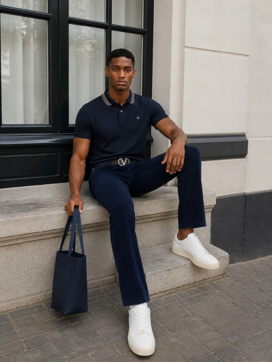 A navy polo meets inky cord trousers for a neat, smart-casual uniform that feels considered without tipping into office-formal. Clean white leather sneakers keep the lines modern and relaxed, while a structured navy tote and slim black belt sharpen the finish for city days or low-key dinners.