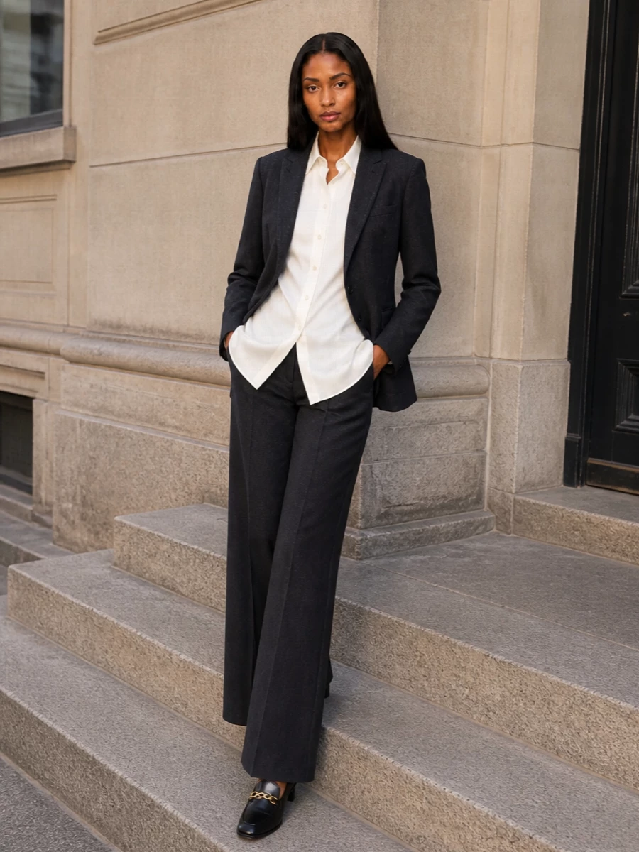 Stella mccartney navy blazer charcoal trousers outfit