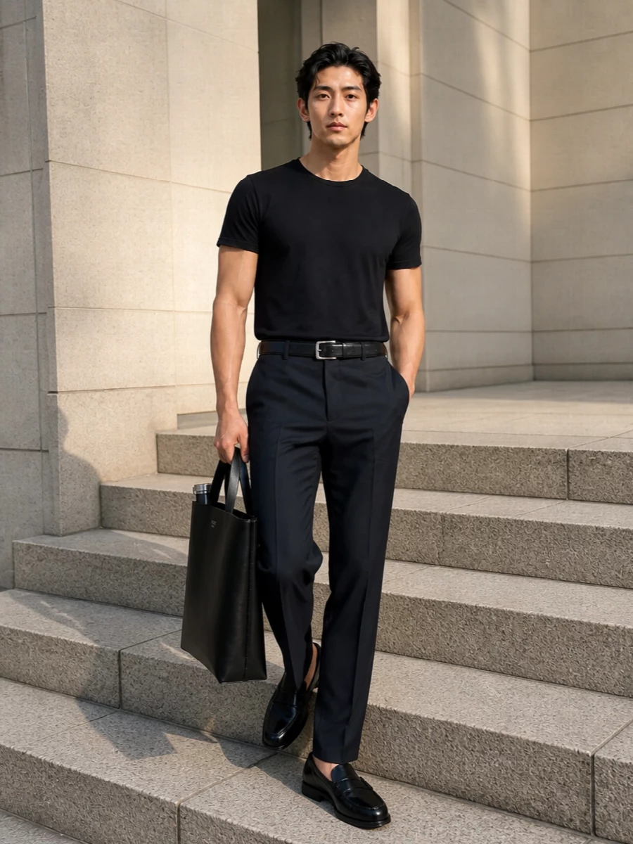 Lardini black t shirt navy trousers loafers