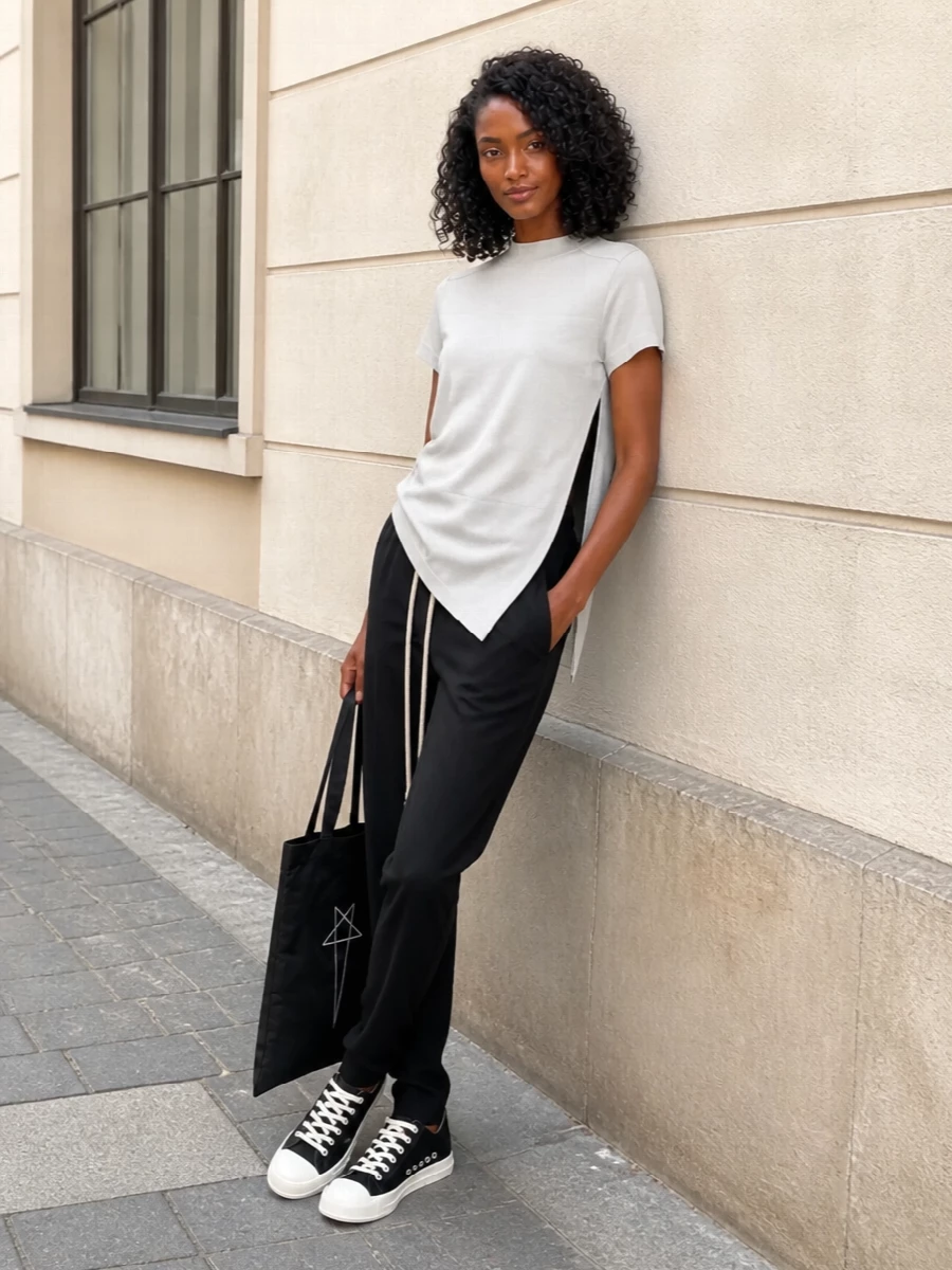 This look builds a clean Rick Owens DRKSHDW uniform around the longline asymmetric tee, grounding it with slim black track pants that keep the lines elongated but relaxed. Black low-top sneakers and the flat DRKSHDW tote reinforce the monochrome, urban mood, creating an easy SS outfit that feels directional without trying too hard. The result is a graphic, city-ready take on minimalist streetwear that still feels effortless and breathable for warm days.