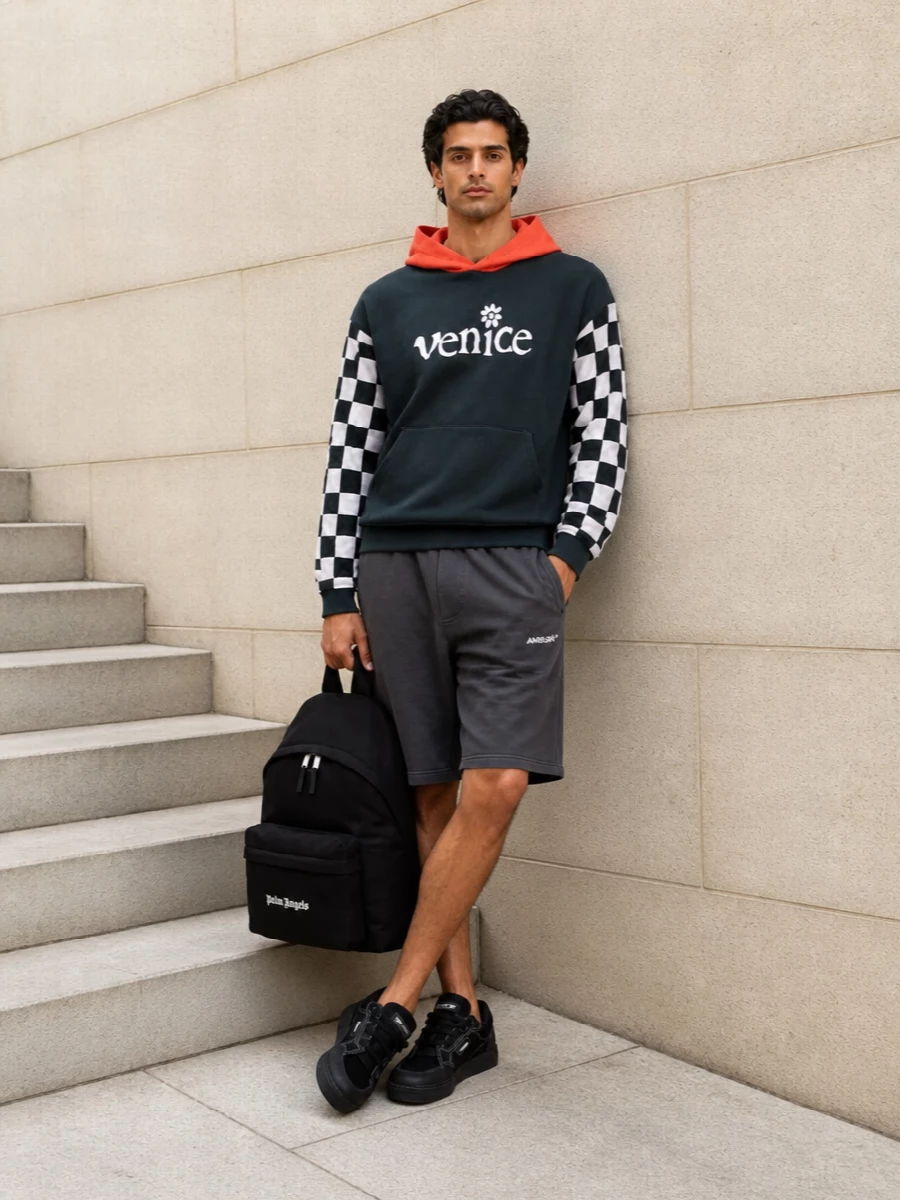 Erl venice hoodie charcoal shorts off white sneakers