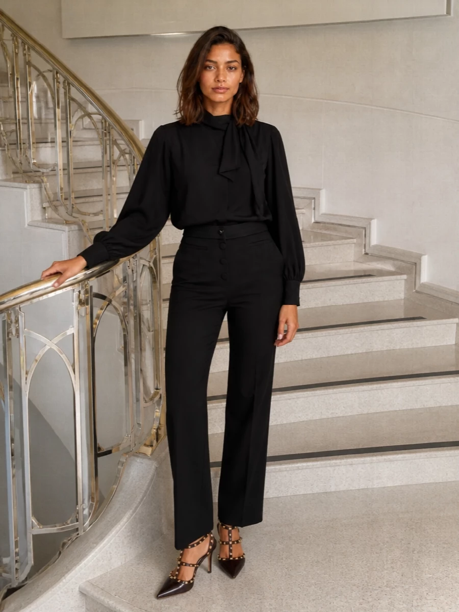 This outfit leans into a modern noir palette, letting the dark chocolate Rockstud pumps and clean black tailoring do the talking. The bow-neck blouse softens the structure with a romantic drape around the face, while the compact VLogo bag quietly echoes the gold hardware. Together they create a polished, cocktail-ready ensemble that feels luxurious without shouting for attention.