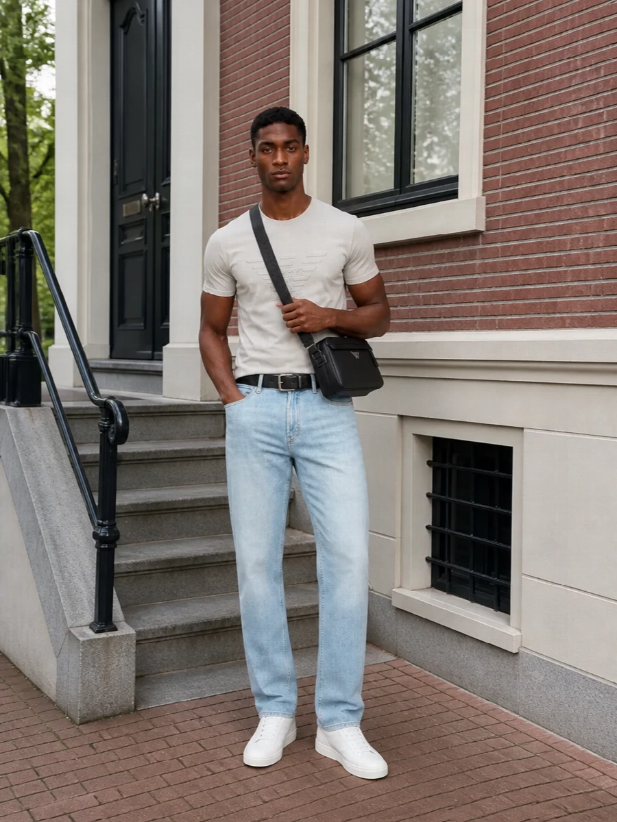 Emporio armani logo tee light wash jeans outfit